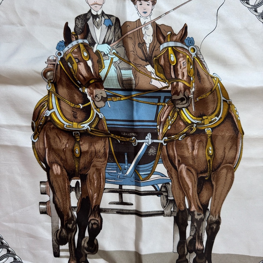 Hermès “Équipages” 100% Silk Scarf by Ledoux – Brown Carriage Equestrian‎ Print - Picture 7 of 13